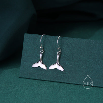 Whale Tail Drop Hook Earrings in Sterling Silver, Silver or Gold or Rose Gold, Fish Tail Dangle Earrings, Fish Earrings, Silver Fish Earring