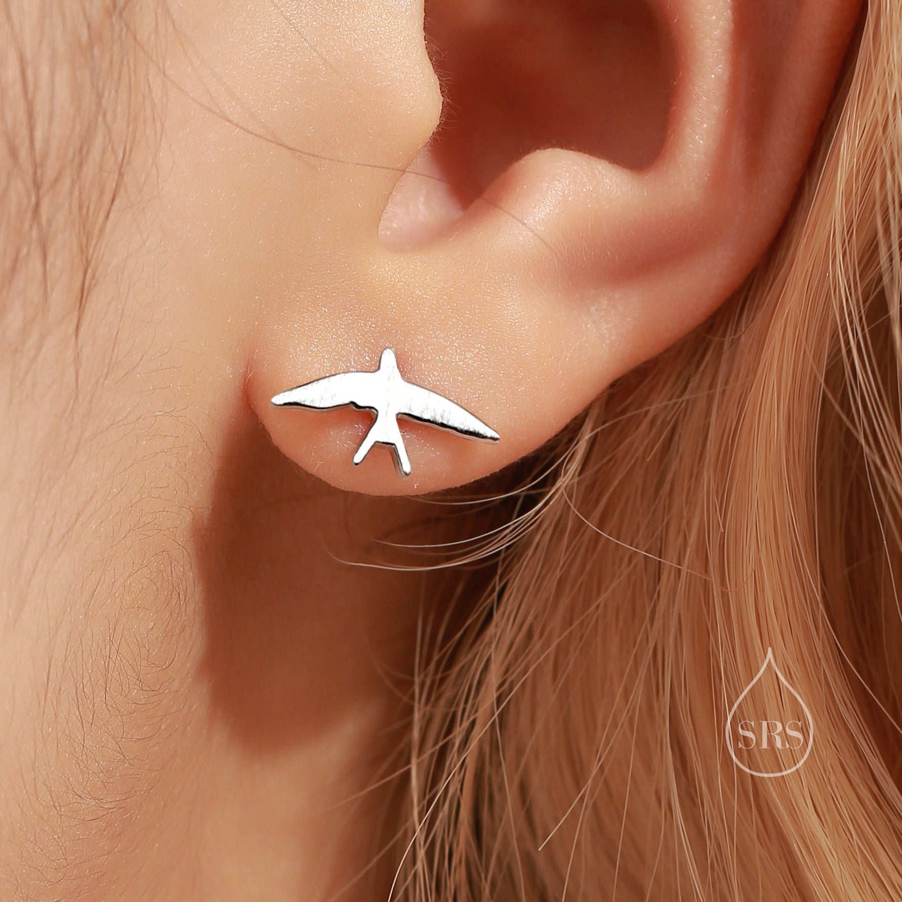 Sterling Silver Mismatched Asymmetric Swallow Bird Silhouette Stud Earrings - Textured Finish, Stacking Earrings -Fun, Whimsical and Pretty