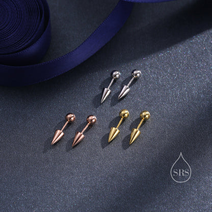 Spike Screw Back Earrings in Sterling Silver, Spike Barbell Earrings, Silver or Gold or Rose Gold, Spike Screwback Earrings