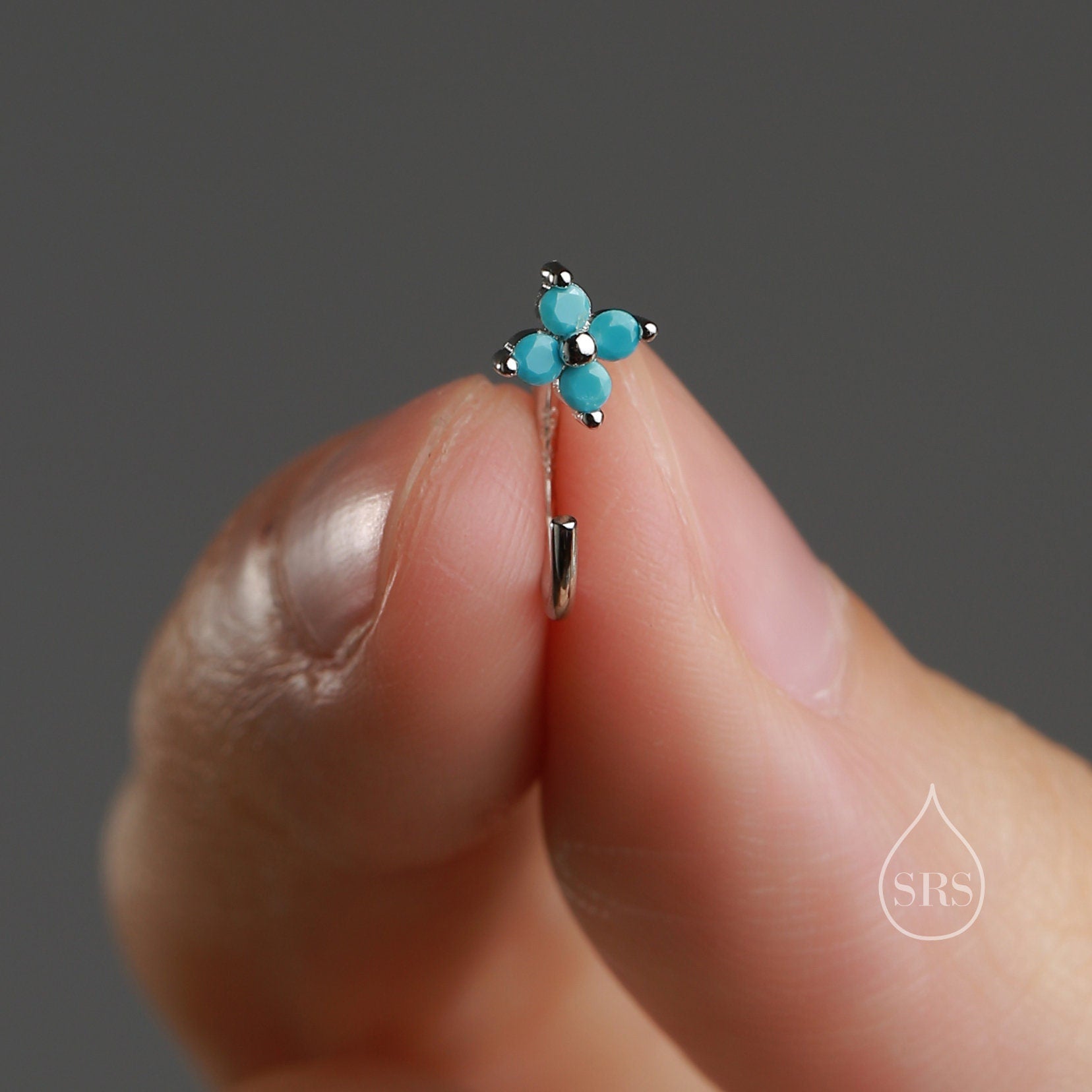 CZ Hydrangea Flower Huggie Hoop Earrings in Sterling Silver, Aurora and Turquoise CZ, Tiny Four CZ Open Hoops, Pull Through Threaders