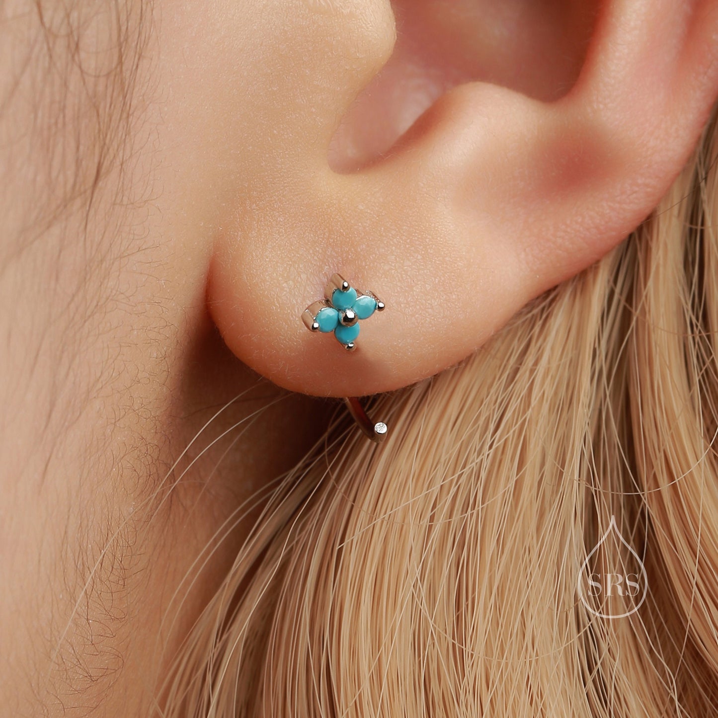 CZ Hydrangea Flower Huggie Hoop Earrings in Sterling Silver, Aurora and Turquoise CZ, Tiny Four CZ Open Hoops, Pull Through Threaders