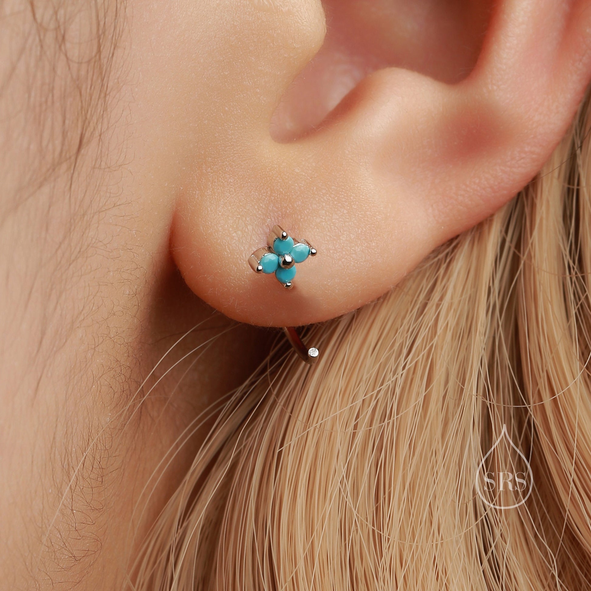 CZ Hydrangea Flower Huggie Hoop Earrings in Sterling Silver, Aurora and Turquoise CZ, Tiny Four CZ Open Hoops, Pull Through Threaders