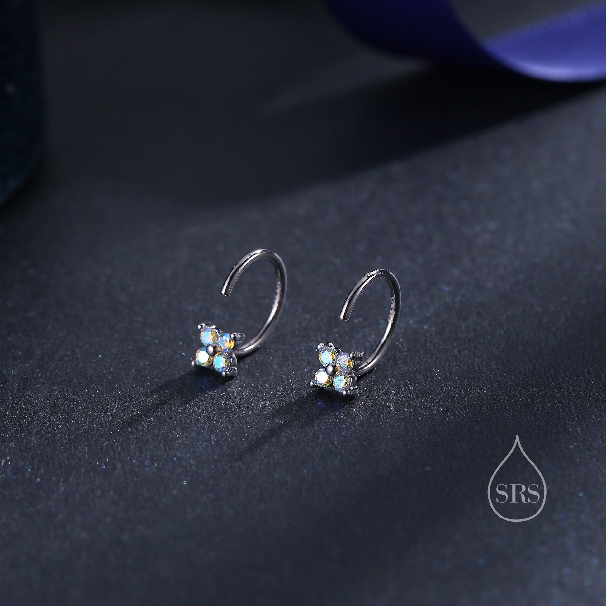 CZ Hydrangea Flower Huggie Hoop Earrings in Sterling Silver, Aurora and Turquoise CZ, Tiny Four CZ Open Hoops, Pull Through Threaders