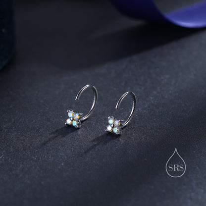 CZ Hydrangea Flower Huggie Hoop Earrings in Sterling Silver, Aurora and Turquoise CZ, Tiny Four CZ Open Hoops, Pull Through Threaders