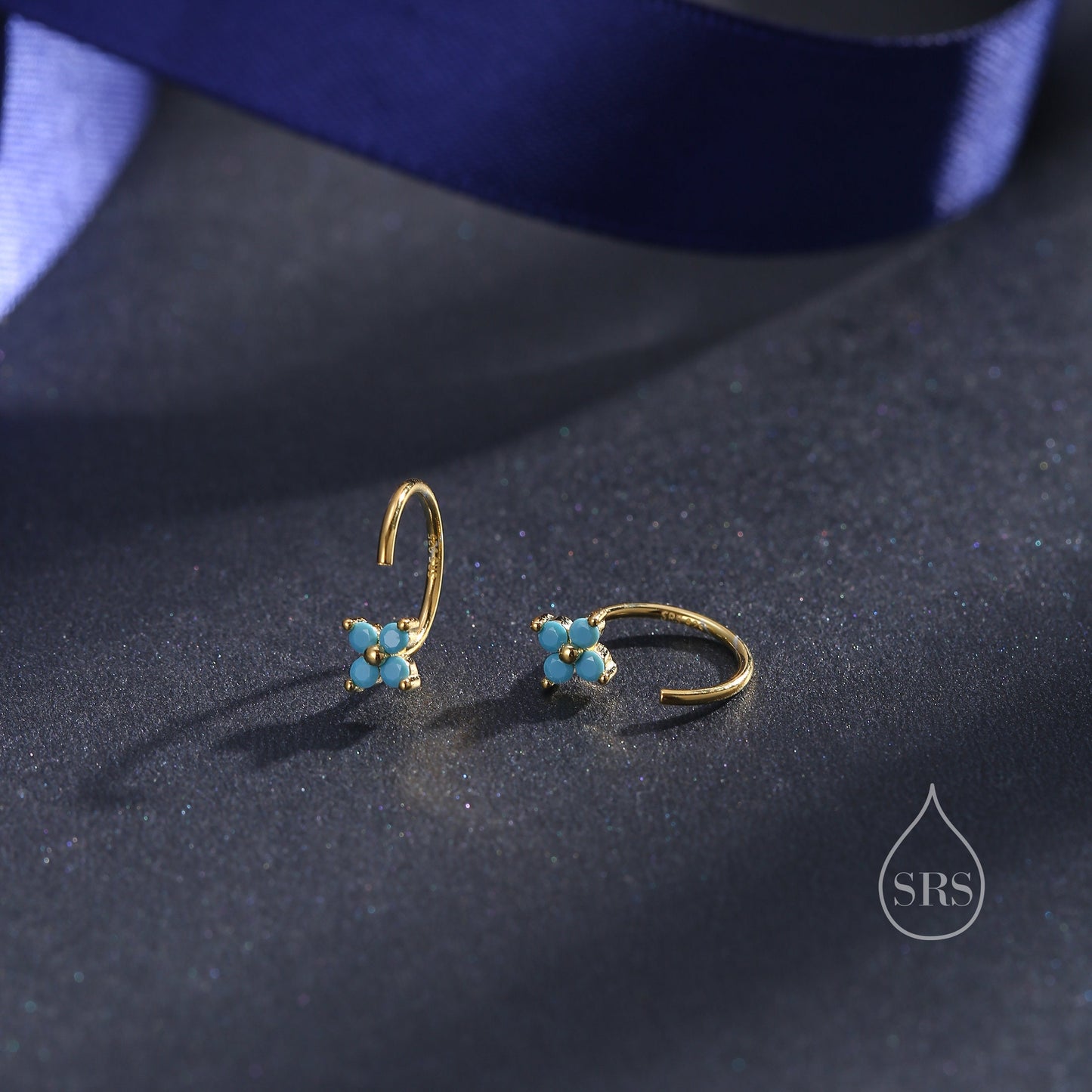 CZ Hydrangea Flower Huggie Hoop Earrings in Sterling Silver, Aurora and Turquoise CZ, Tiny Four CZ Open Hoops, Pull Through Threaders