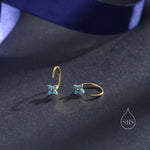 CZ Hydrangea Flower Huggie Hoop Earrings in Sterling Silver, Aurora and Turquoise CZ, Tiny Four CZ Open Hoops, Pull Through Threaders