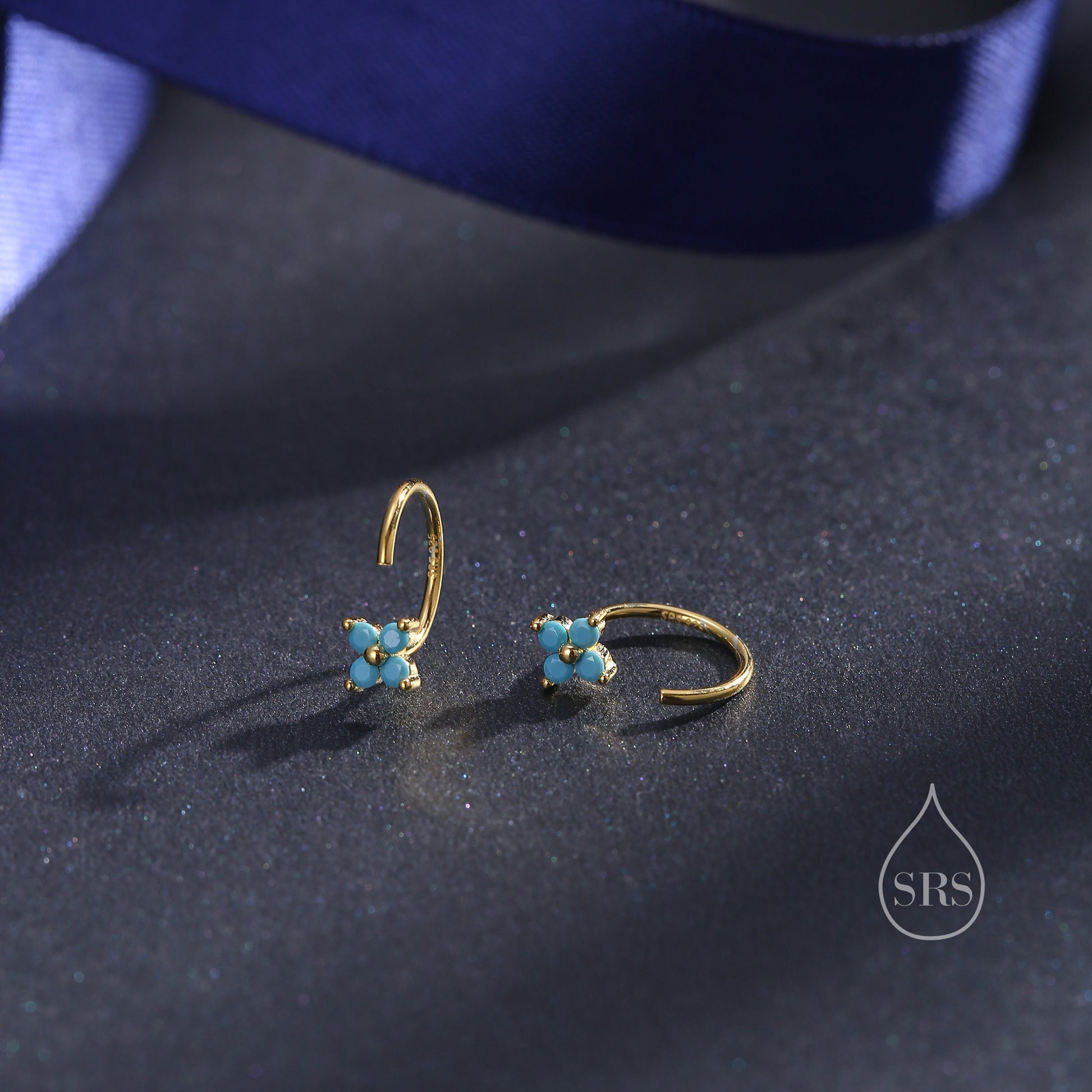 CZ Hydrangea Flower Huggie Hoop Earrings in Sterling Silver, Aurora and Turquoise CZ, Tiny Four CZ Open Hoops, Pull Through Threaders