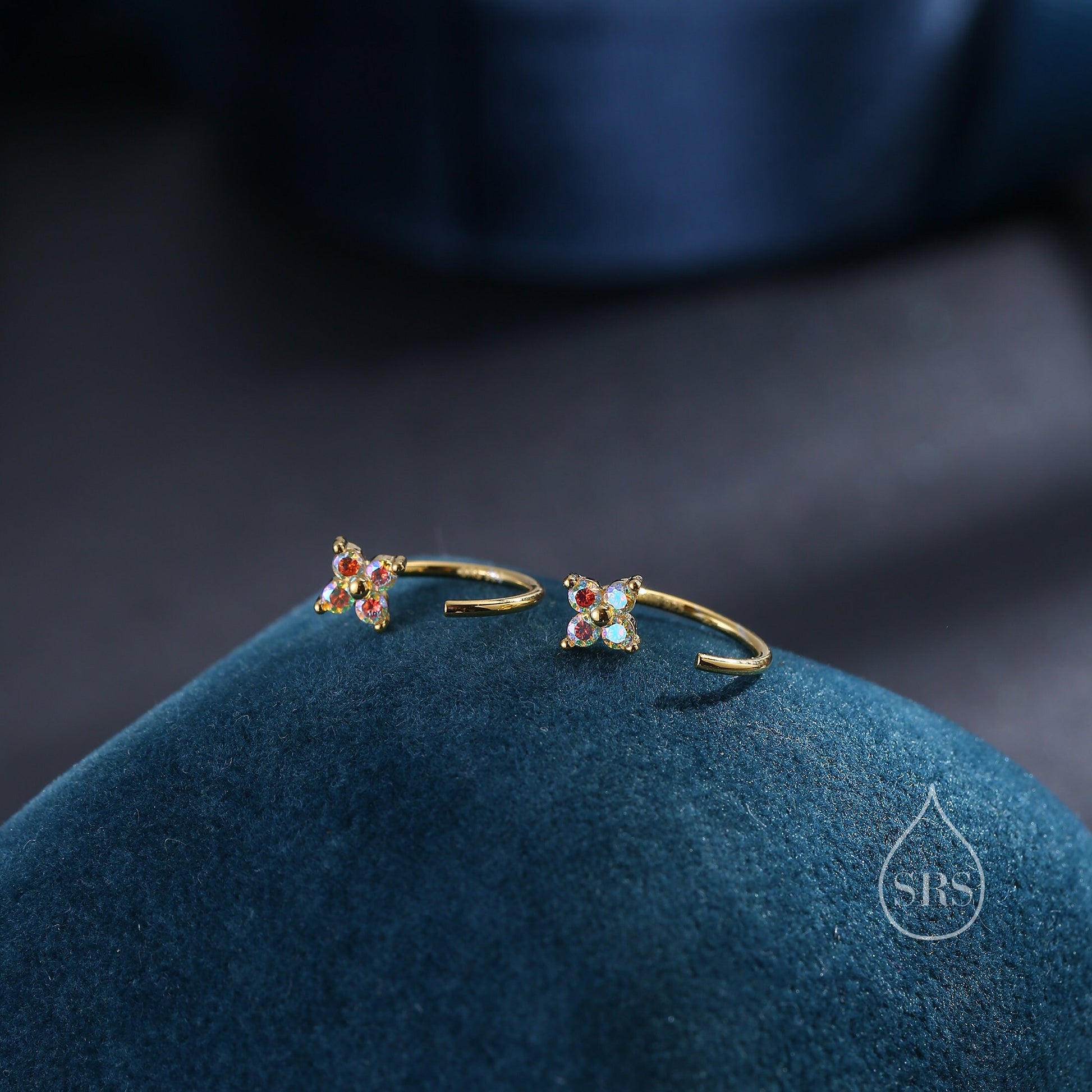 CZ Hydrangea Flower Huggie Hoop Earrings in Sterling Silver, Aurora and Turquoise CZ, Tiny Four CZ Open Hoops, Pull Through Threaders