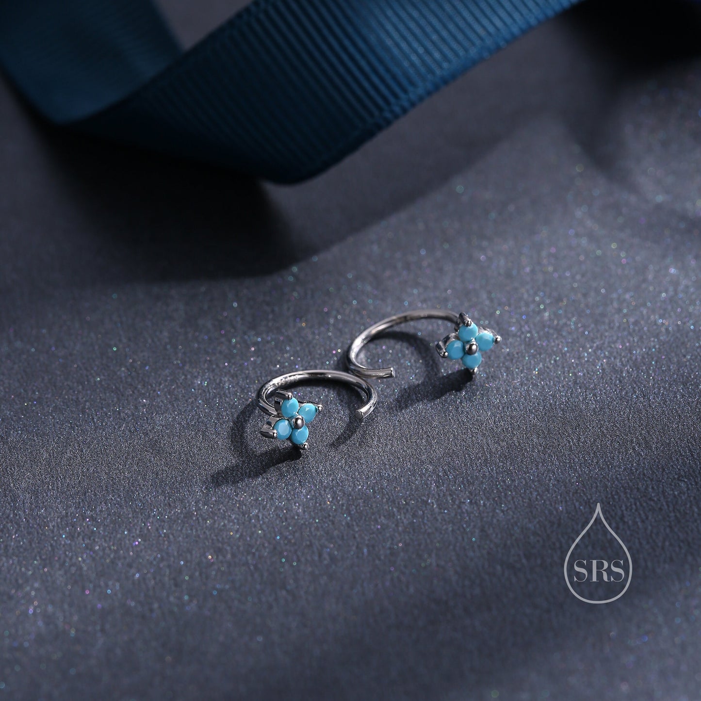 CZ Hydrangea Flower Huggie Hoop Earrings in Sterling Silver, Aurora and Turquoise CZ, Tiny Four CZ Open Hoops, Pull Through Threaders