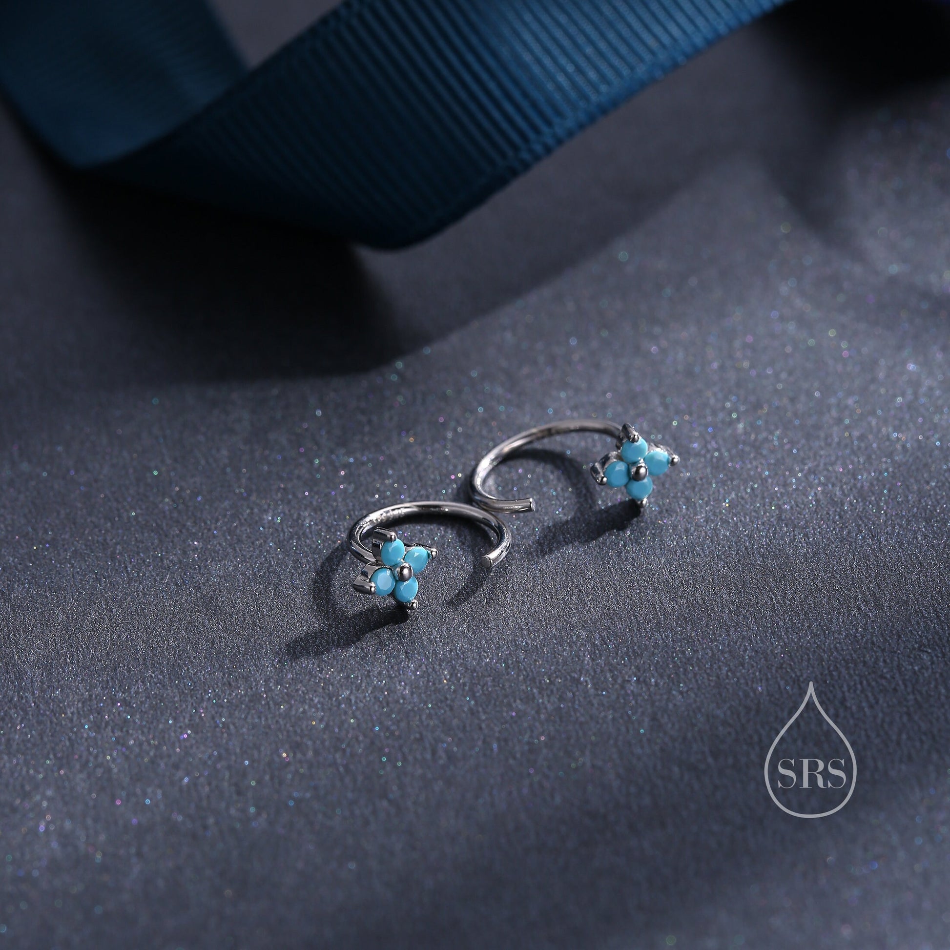 CZ Hydrangea Flower Huggie Hoop Earrings in Sterling Silver, Aurora and Turquoise CZ, Tiny Four CZ Open Hoops, Pull Through Threaders