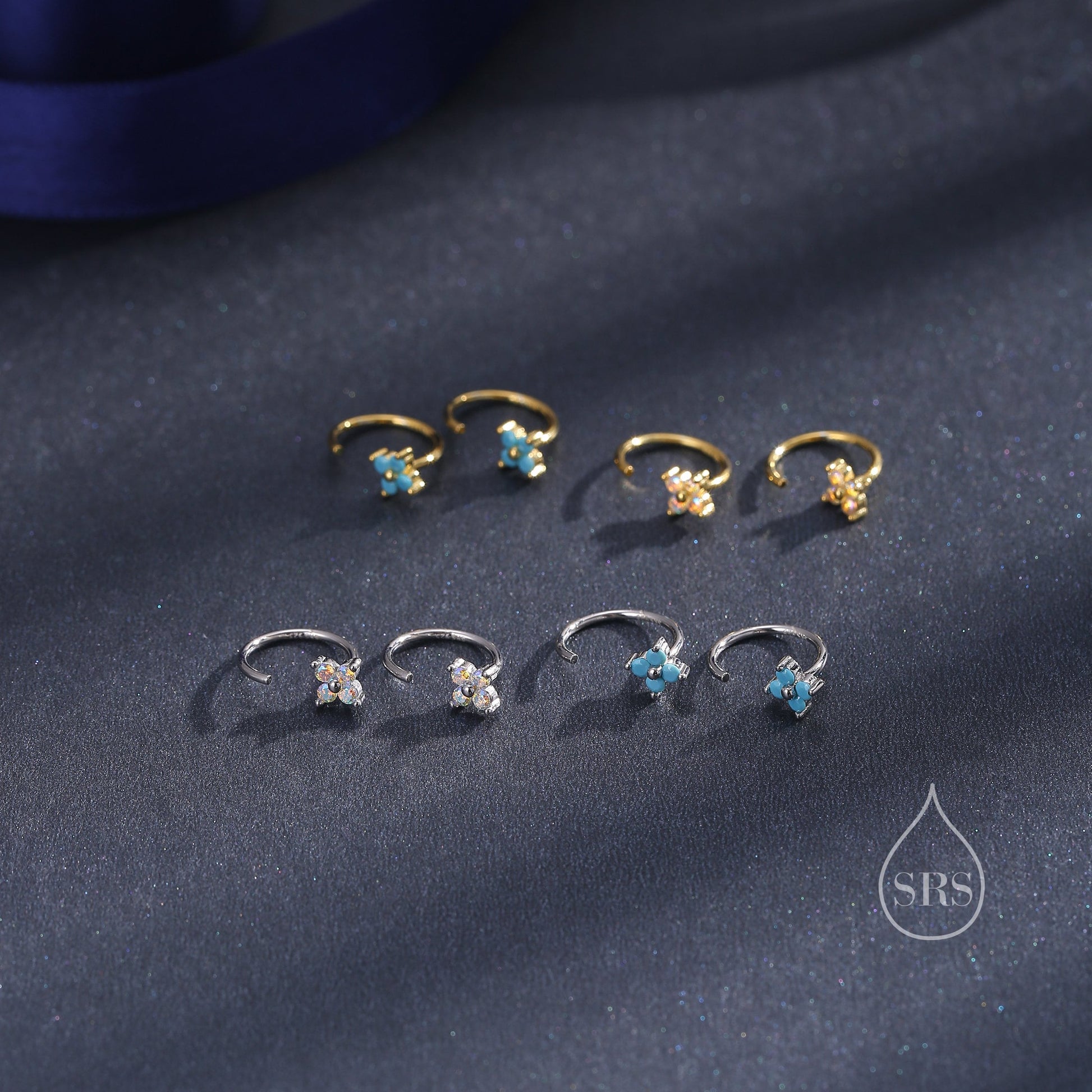 CZ Hydrangea Flower Huggie Hoop Earrings in Sterling Silver, Aurora and Turquoise CZ, Tiny Four CZ Open Hoops, Pull Through Threaders