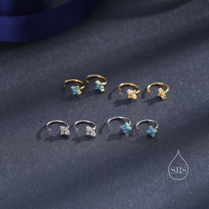 CZ Hydrangea Flower Huggie Hoop Earrings in Sterling Silver, Aurora and Turquoise CZ, Tiny Four CZ Open Hoops, Pull Through Threaders