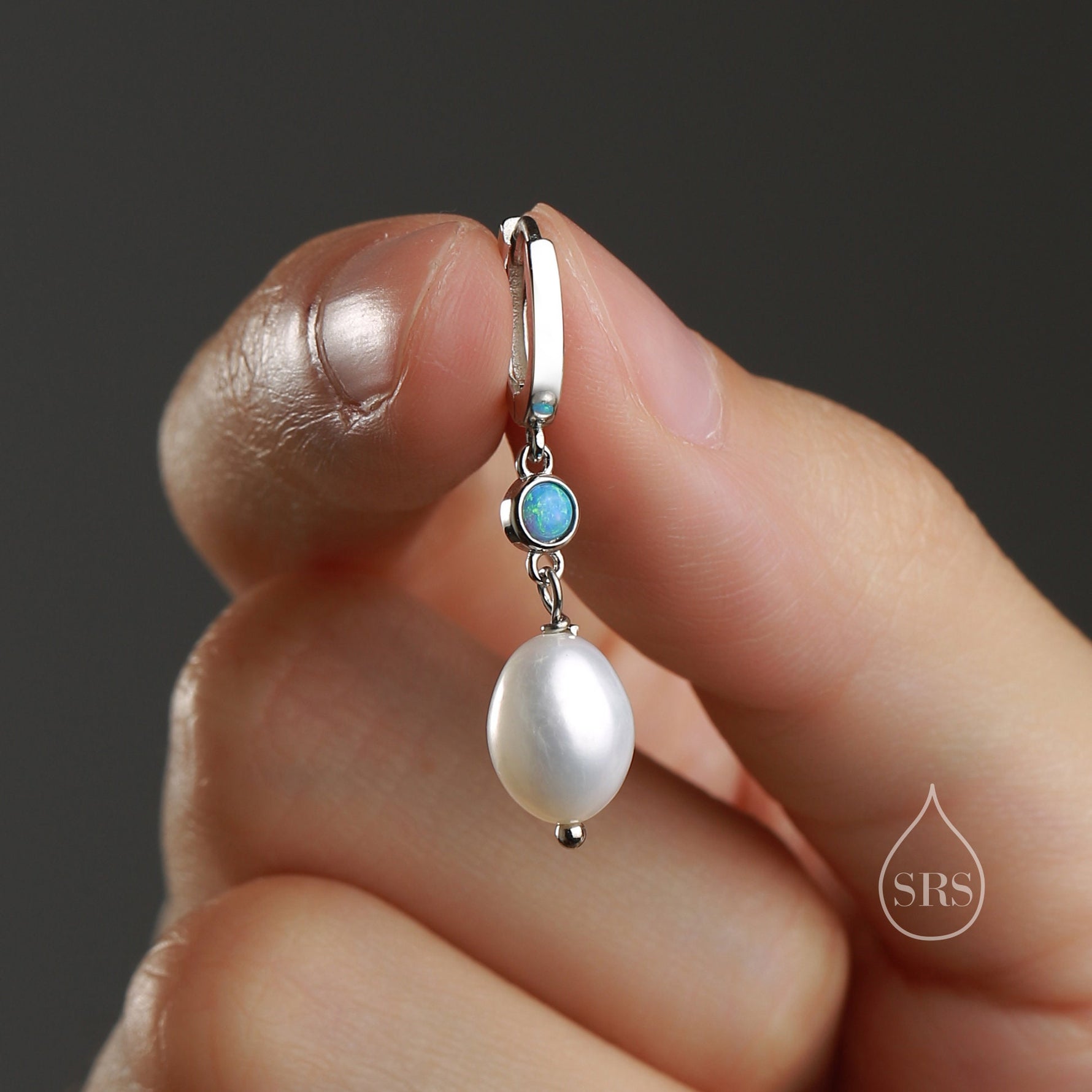 Genuine Freshwater Pearl and Blue Opal Huggie Hoop Earrings in Sterling Silver, Delicate Keshi Pearl and Opal Earrings, Genuine Pearls