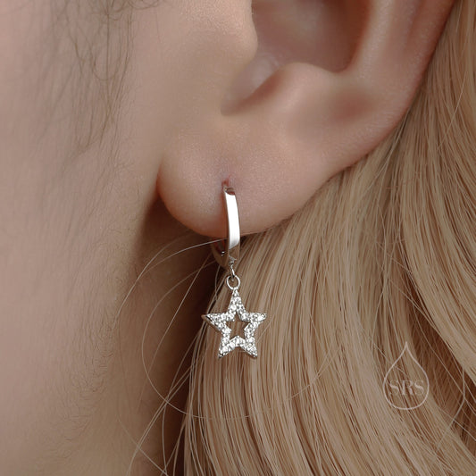 CZ Star Huggie Hoop Earrings in Sterling Silver, Silver, Gold or Rose Gold, Tiny Star Hoops