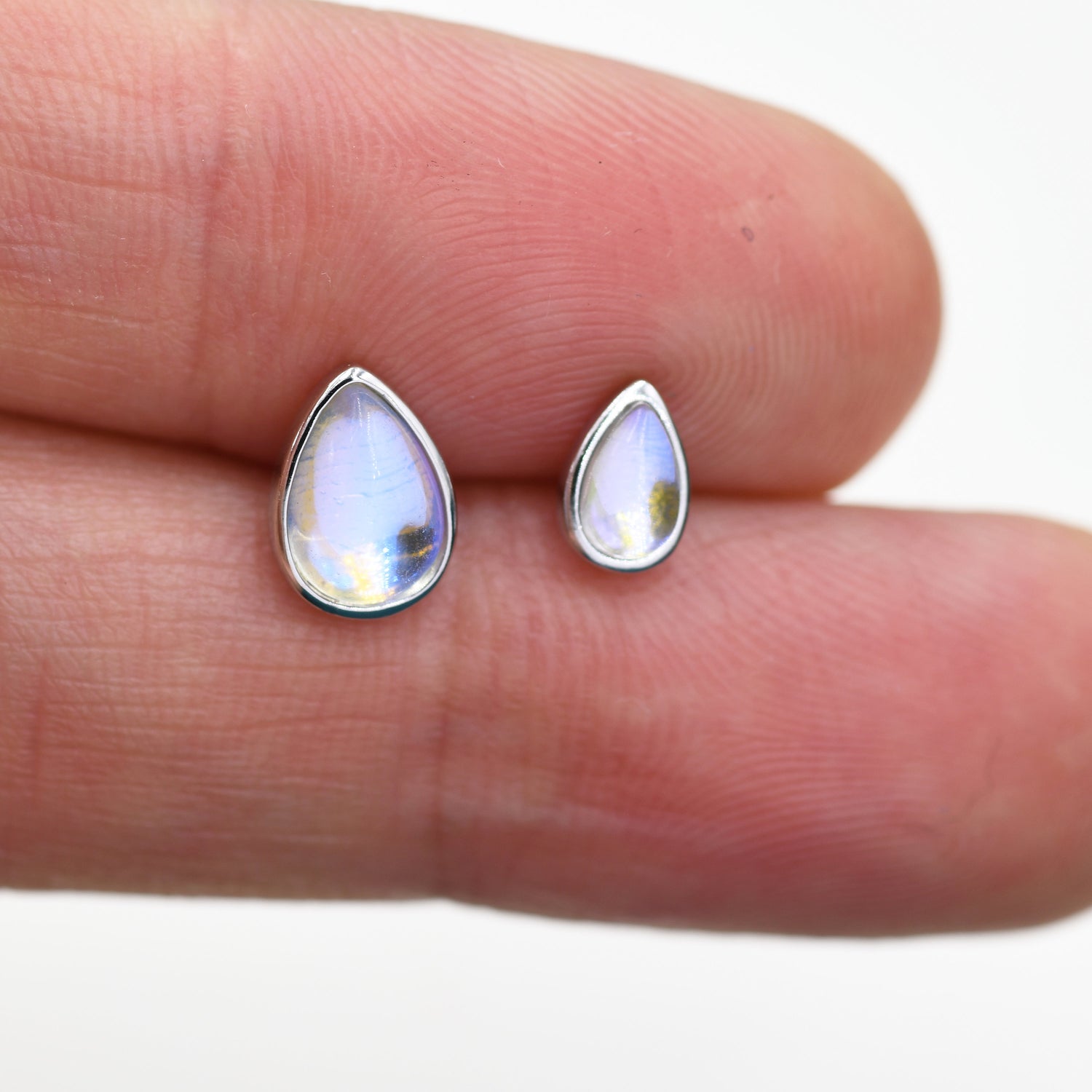 Sterling Silver Droplet Moonstone Stud Earrings, Mermaid Colour Earrings, Available in two sizes, Simulated Moonstone Glass Earrings,