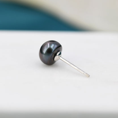 Natural Black Pearl Stud Earrings in Sterling Silver, Various Sizes,  Button Shape Black Freshwater Pearl Earrings, Natural Pearl Earrings