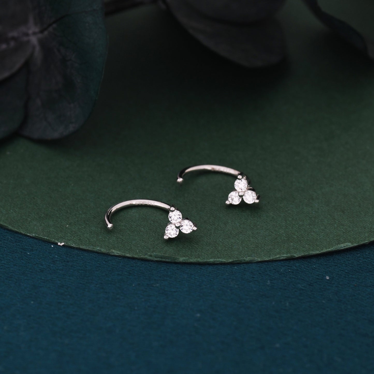 Three CZ Trinity Threader Hoop Earrings in Sterling Silver, Three Dot Open Hoop Earrings, Huggie Hoop,  Silver or Gold, Pull Through