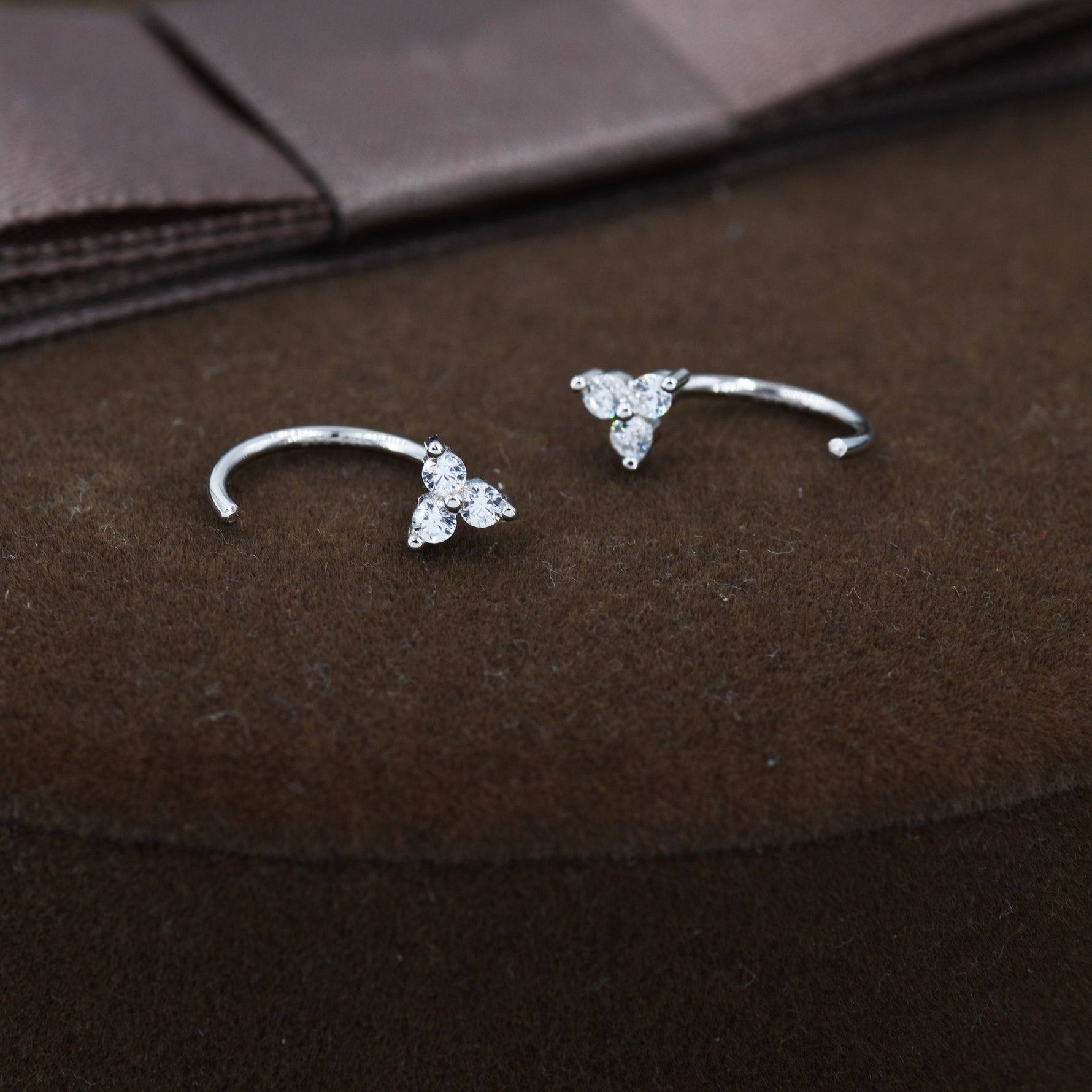 Three CZ Trinity Threader Hoop Earrings in Sterling Silver, Three Dot Open Hoop Earrings, Huggie Hoop, Silver or Gold, Pull Through