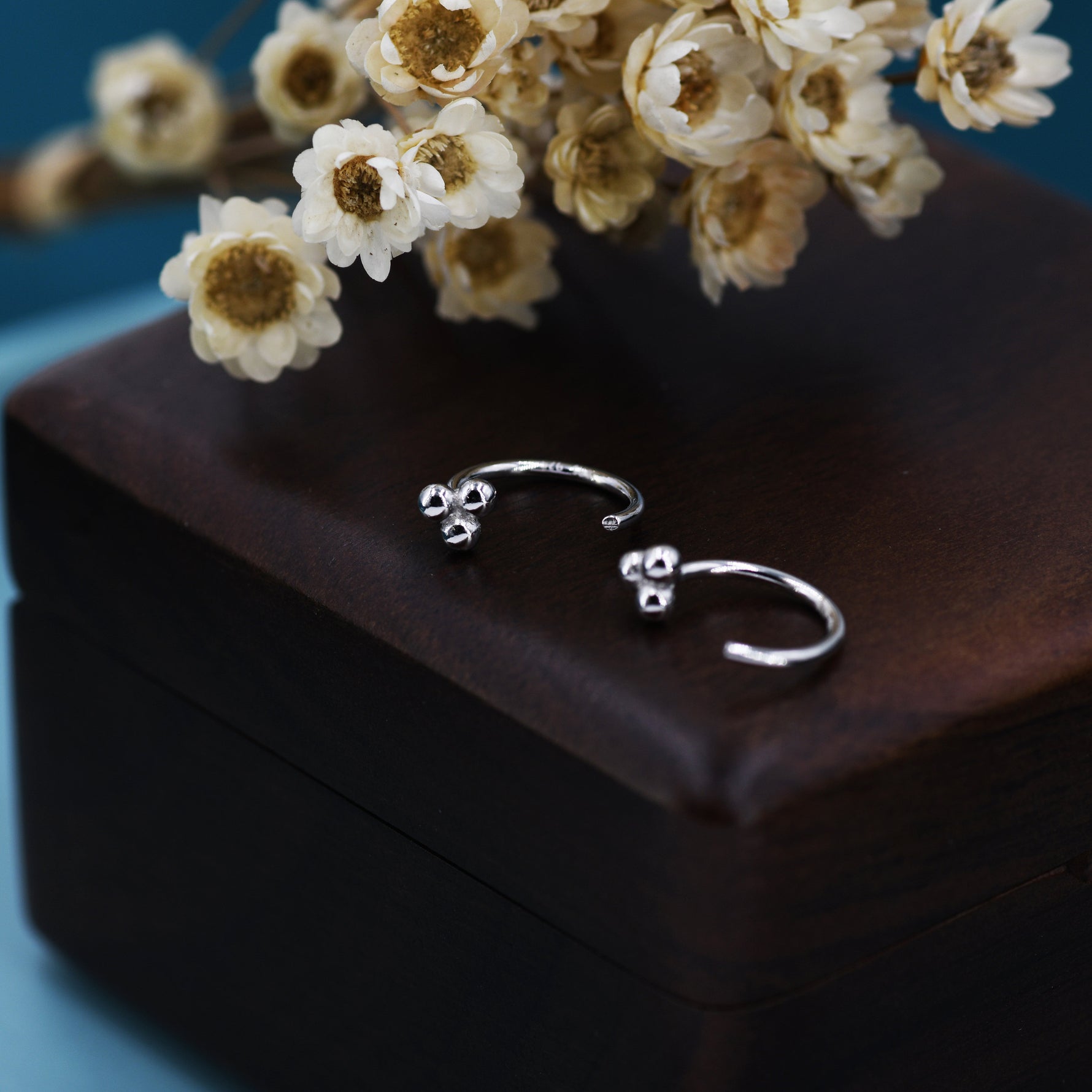 Tiny Three Ball Huggie Hoop Earrings in Sterling Silver, Three Ball Cluster Earrings, Open Hoops, Pull-Through Threader Earrings,