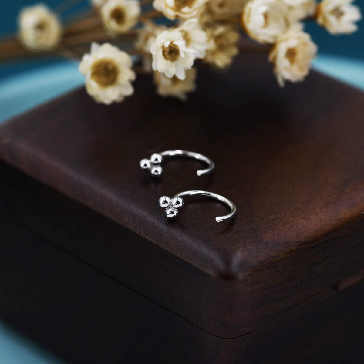 Tiny Three Ball Huggie Hoop Earrings in Sterling Silver, Three Ball Cluster Earrings, Open Hoops, Pull-Through Threader Earrings,