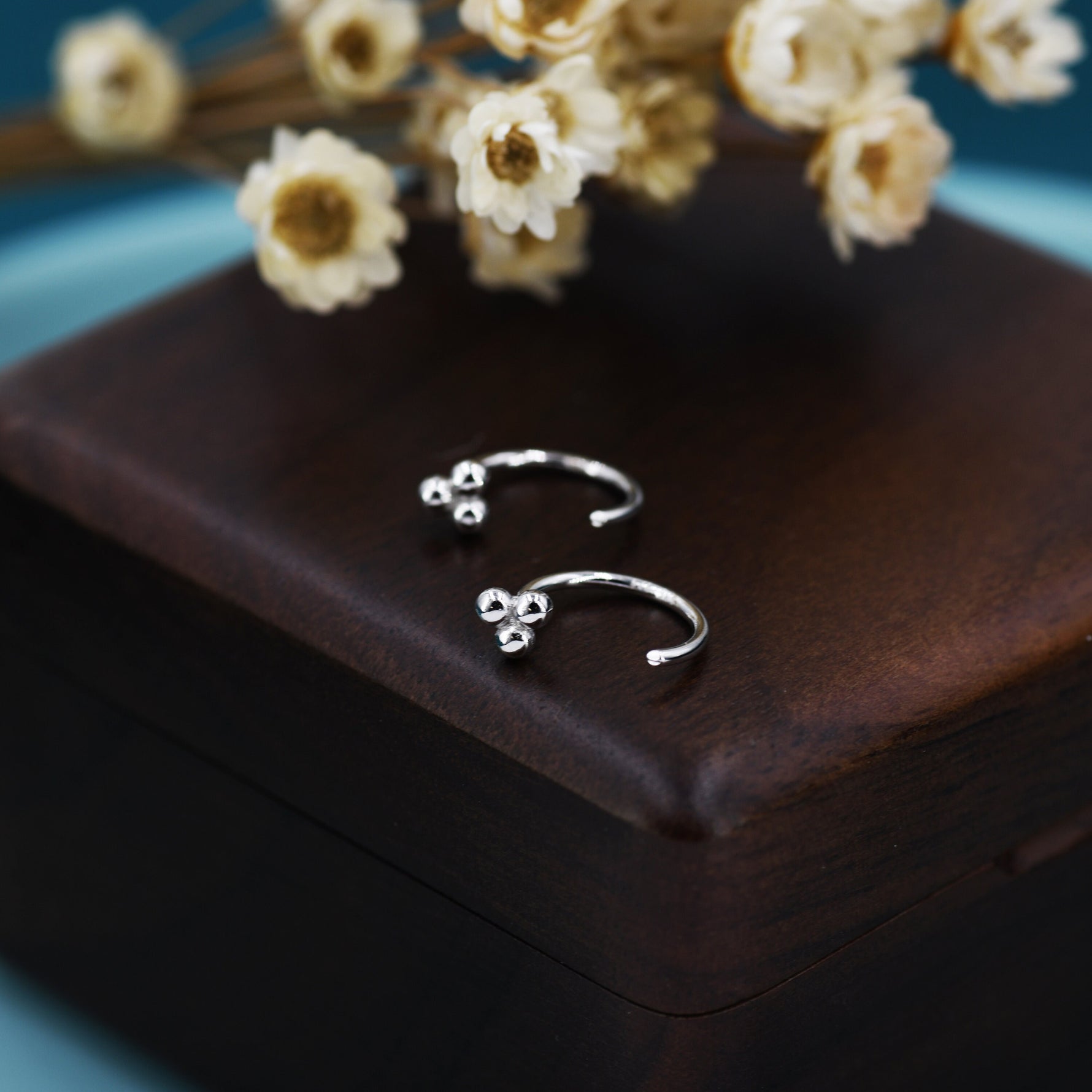 Tiny Three Ball Huggie Hoop Earrings in Sterling Silver, Three Ball Cluster Earrings, Open Hoops, Pull-Through Threader Earrings,