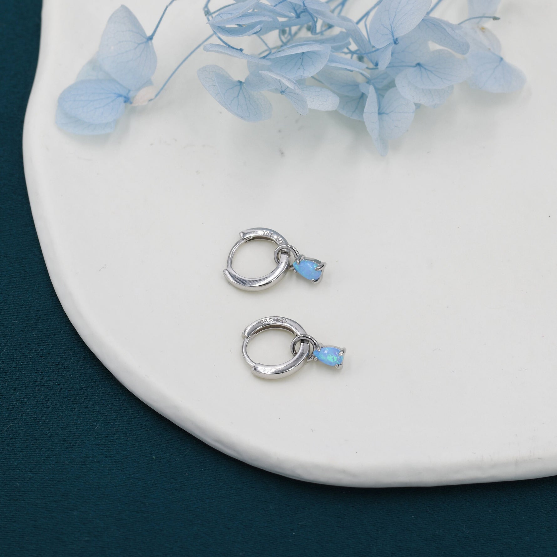 Blue Opal Droplet Huggie Hoop Earrings in Sterling Silver, Prong Set, Lab Opal Hoops, Silver or Gold, Detachable