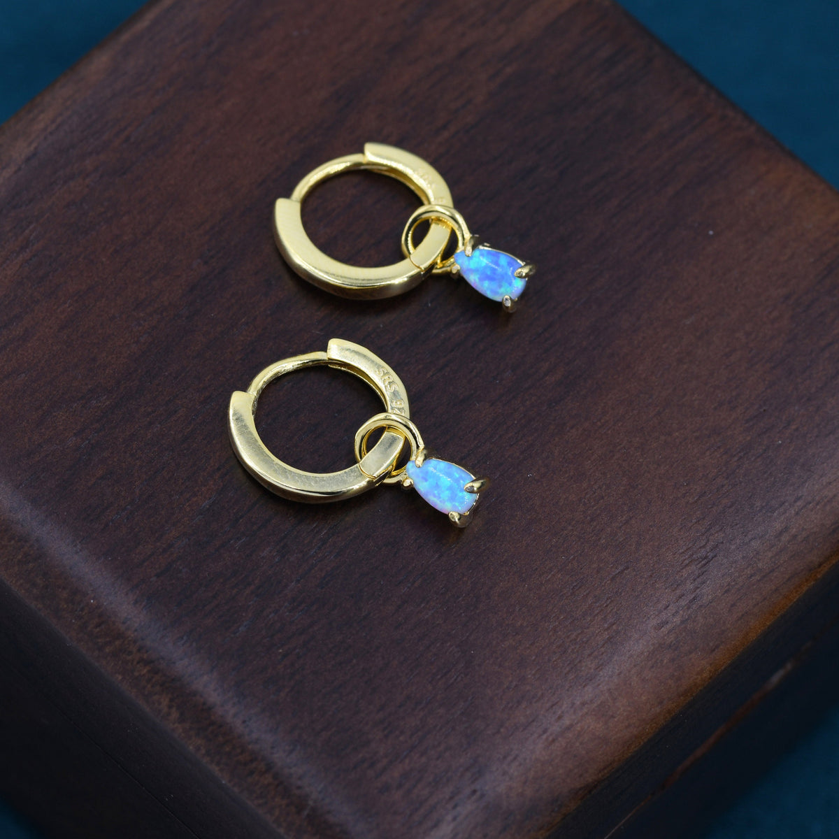 Blue Opal Droplet Huggie Hoop Earrings in Sterling Silver, Prong Set, Lab Opal Hoops, Silver or Gold, Detachable