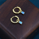 Blue Opal Droplet Huggie Hoop Earrings in Sterling Silver, Prong Set, Lab Opal Hoops, Silver or Gold, Detachable