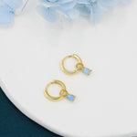 Blue Opal Droplet Huggie Hoop Earrings in Sterling Silver, Prong Set, Lab Opal Hoops, Silver or Gold, Detachable