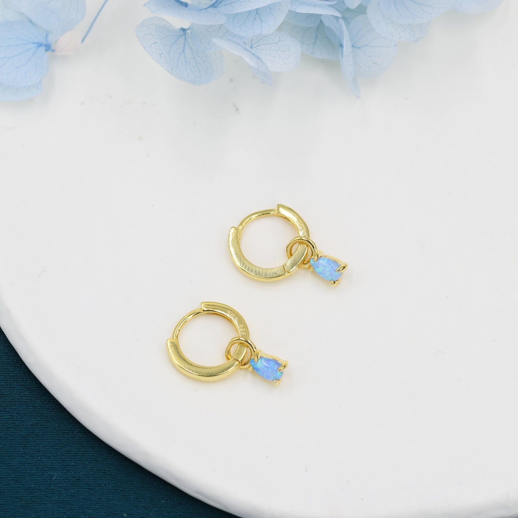 Blue Opal Droplet Huggie Hoop Earrings in Sterling Silver, Prong Set, Lab Opal Hoops, Silver or Gold, Detachable