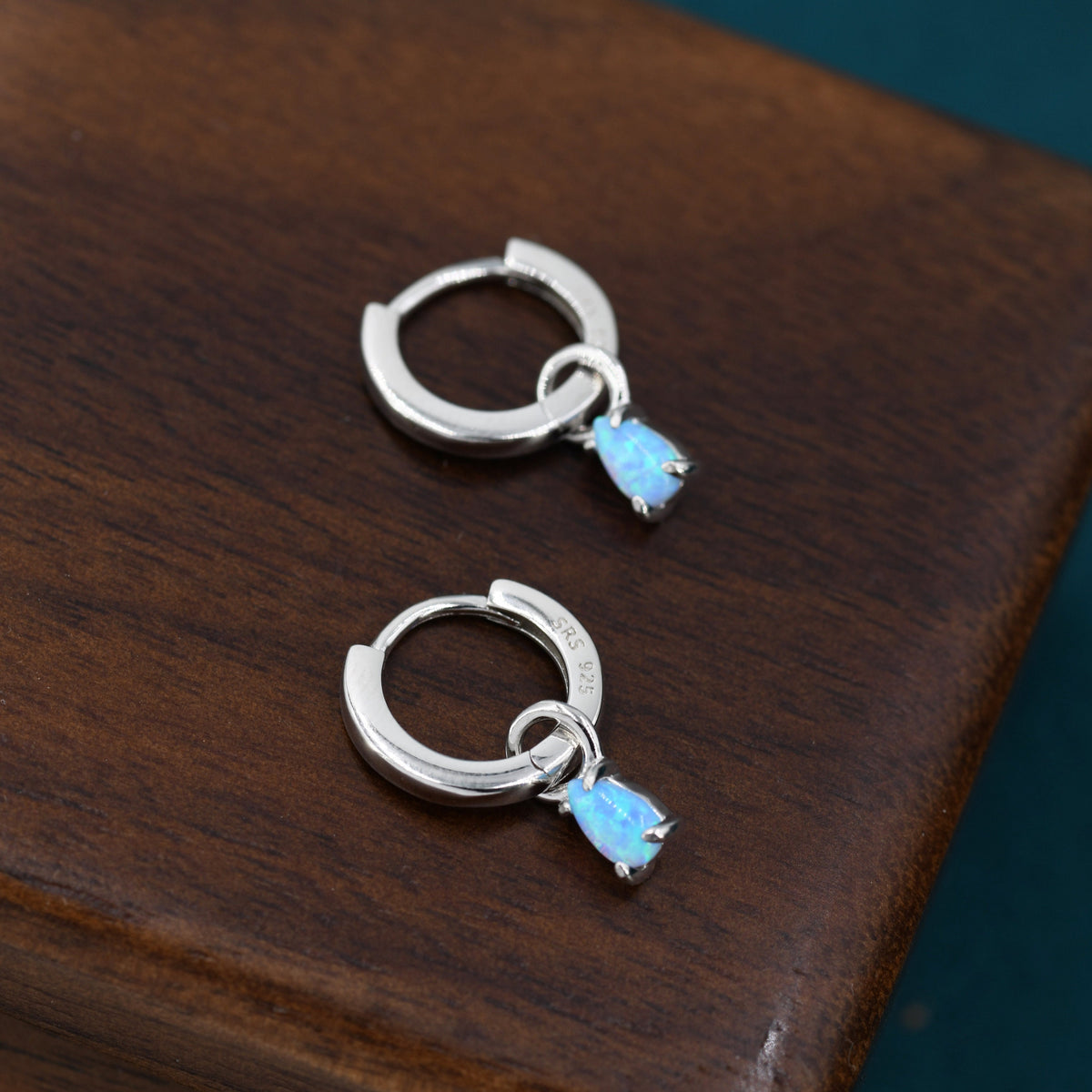 Blue Opal Droplet Huggie Hoop Earrings in Sterling Silver, Prong Set, Lab Opal Hoops, Silver or Gold, Detachable