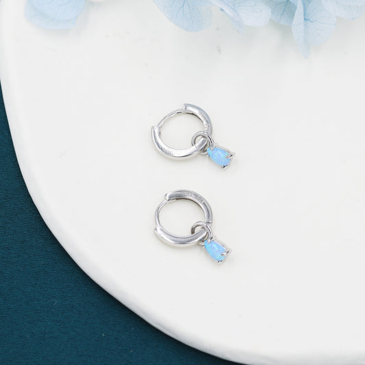 Blue Opal Droplet Huggie Hoop Earrings in Sterling Silver, Prong Set, Lab Opal Hoops, Silver or Gold, Detachable
