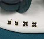 Black CZ Flower Stud Earrings in Sterling Silver, 4mm or 5mm, Crystal Flower Earrings, Hydrangea Stud, Four Crystal Stud