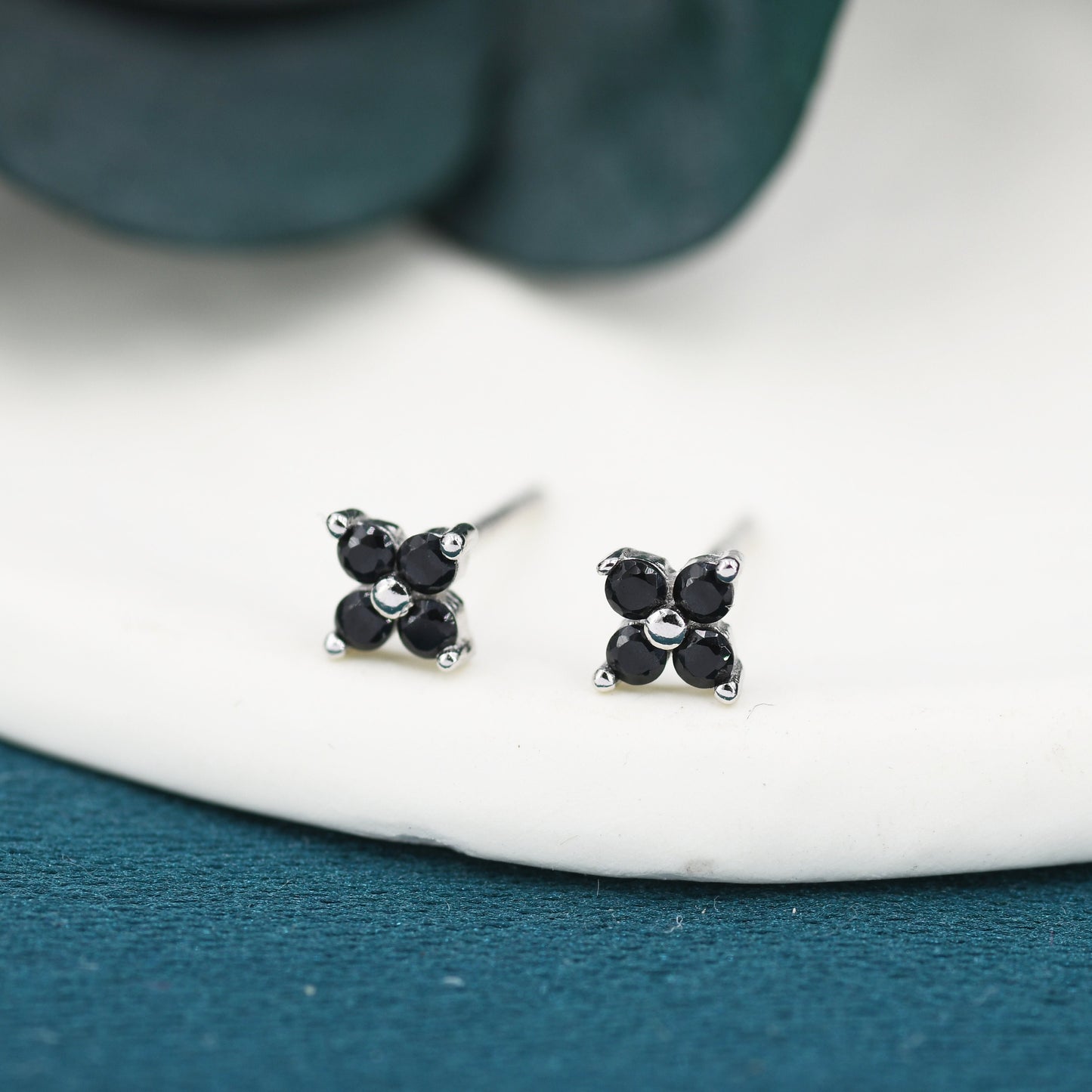 Black CZ Flower Stud Earrings in Sterling Silver, 4mm or 5mm, Crystal Flower Earrings, Hydrangea Stud, Four Crystal Stud