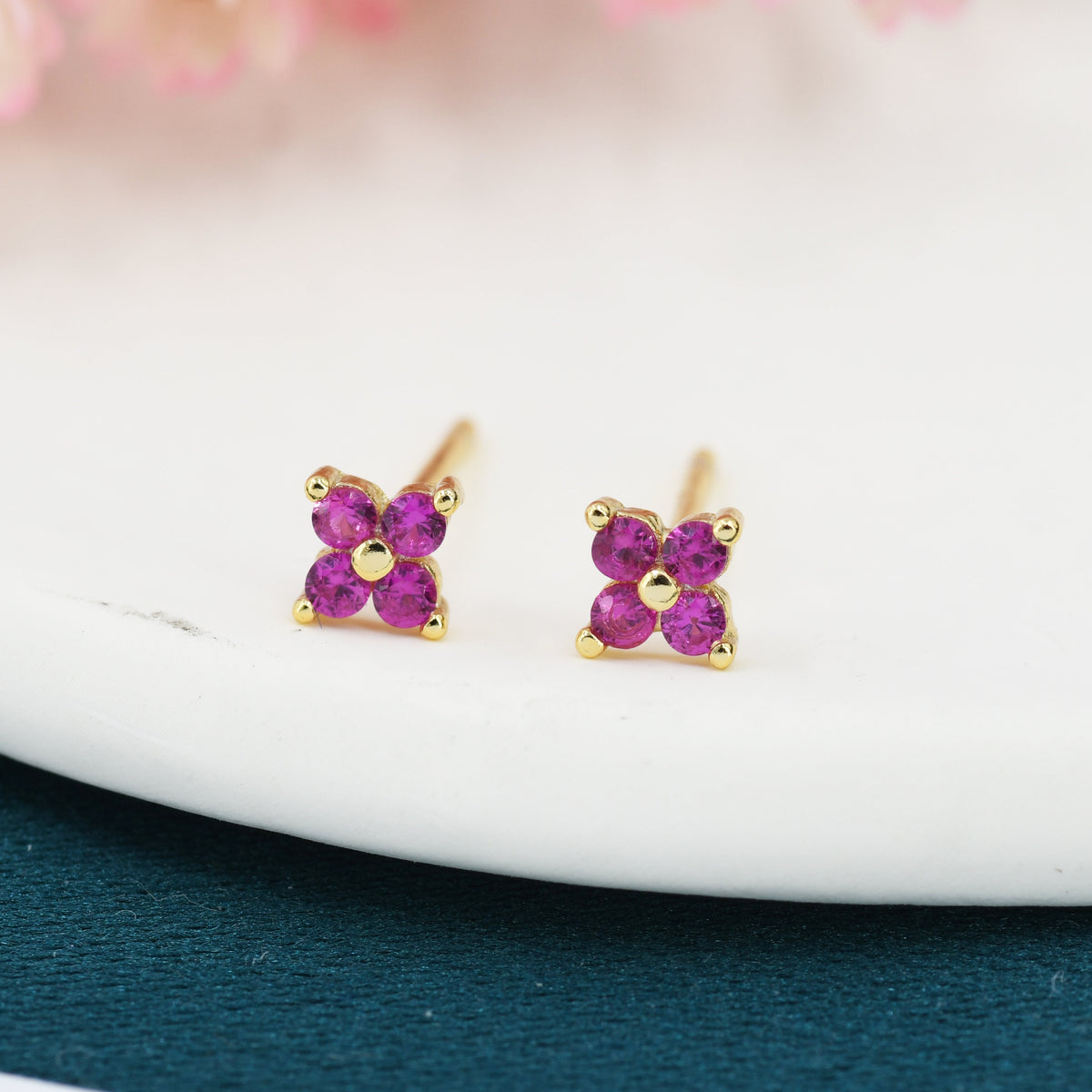Ruby Pink CZ Flower Stud Earrings in Sterling Silver, Crystal Flower Earring, Four Crystal Stud