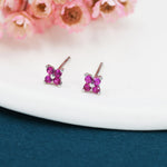 Ruby Pink CZ Flower Stud Earrings in Sterling Silver, Crystal Flower Earring, Four Crystal Stud