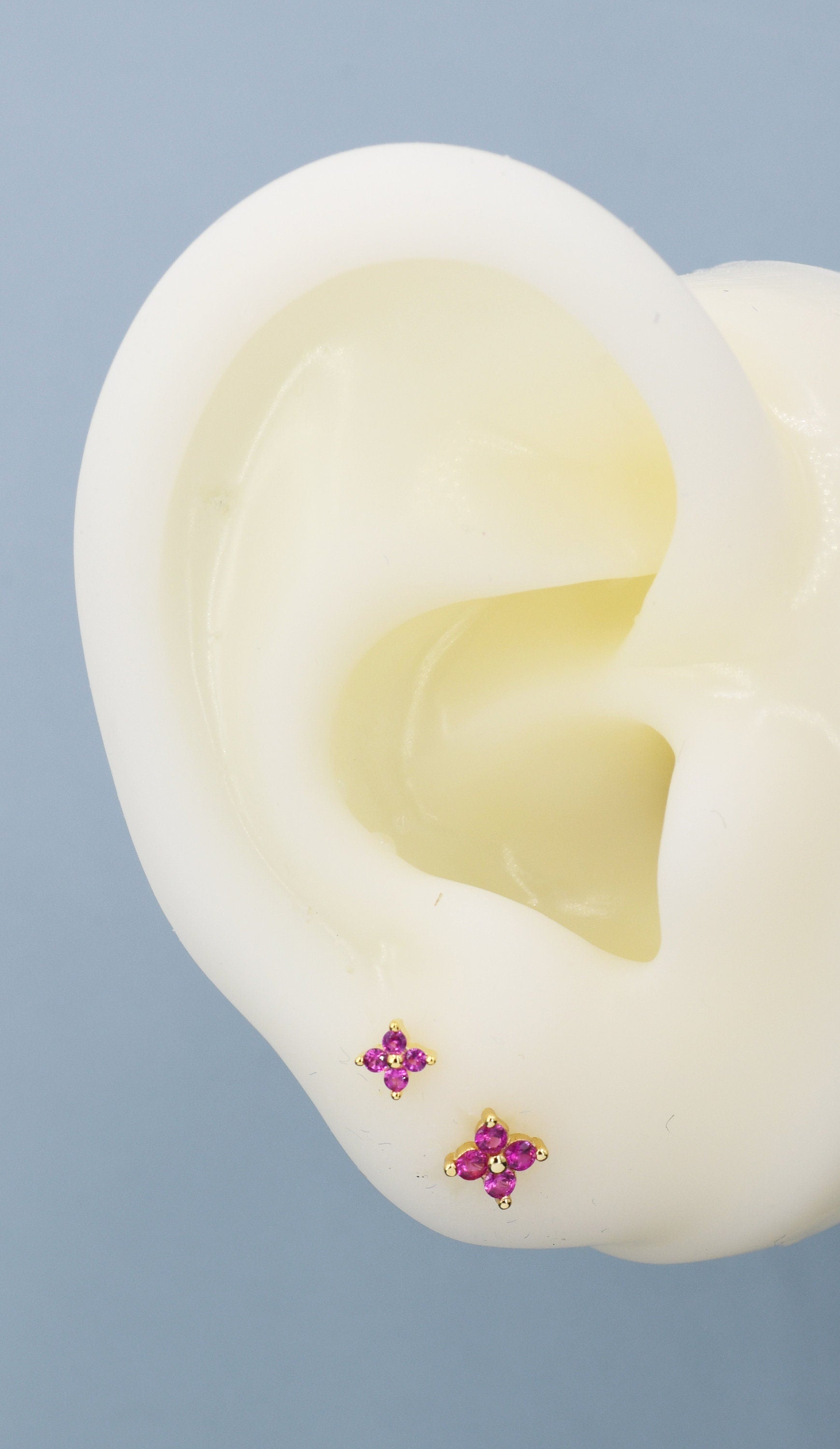Ruby Pink CZ Flower Stud Earrings in Sterling Silver, Crystal Flower Earring, Four Crystal Stud