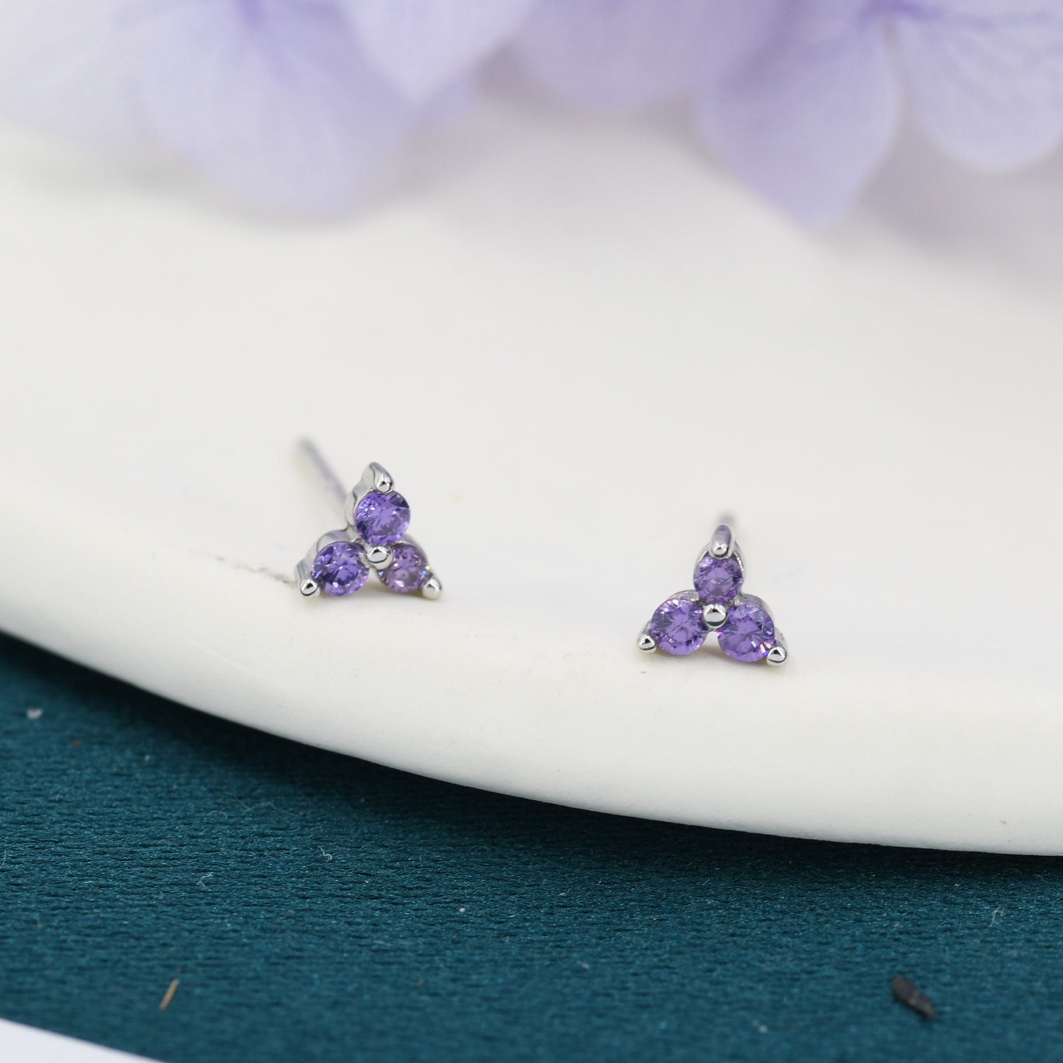 Extra Small Trinity CZ Stud Earrings in Sterling Silver - Three Dot - Gold or Silver -  Amethyst pruple