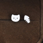 Mismatched Cat and Fishbone Stud Earrings in Sterling Silver, Asymmetric Cat and Fish Earrings, Cute Cat Lover Earrings