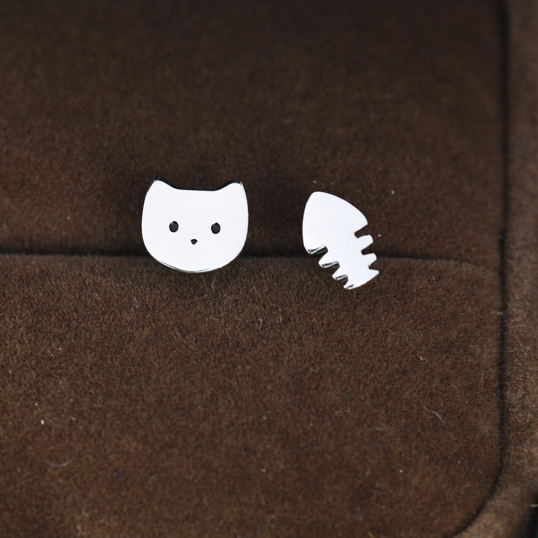 Mismatched Cat and Fishbone Stud Earrings in Sterling Silver, Asymmetric Cat and Fish Earrings, Cute Cat Lover Earrings