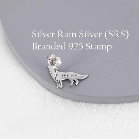 Mismatched Wolf and Moon Stud Earrings in Sterling Silver, Silver, Gold or Rose Gold, Asymmetric Wolf and Crescent Moon Earrings