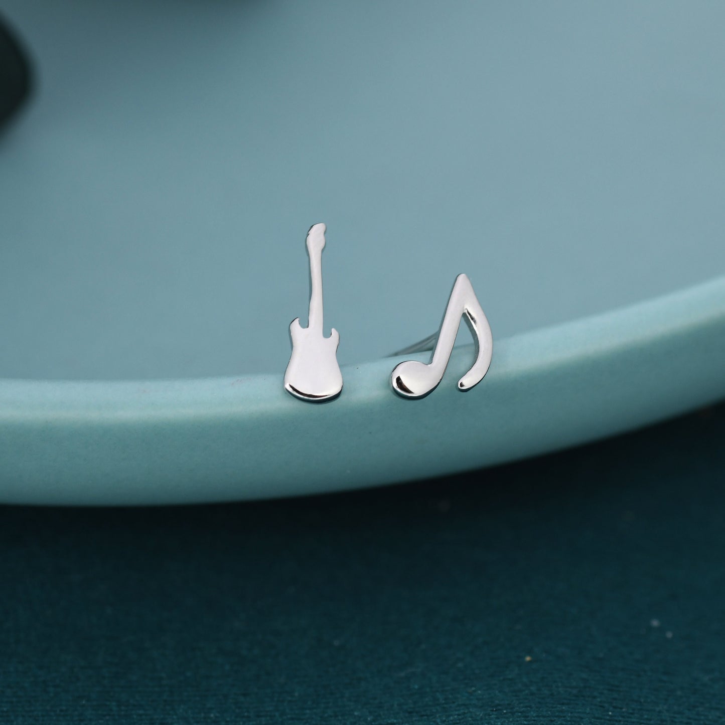 Mismatched Electric Guitar and Music Note Stud Earrings in Sterling Silver, Asymmetric Guitar and Music Earrings