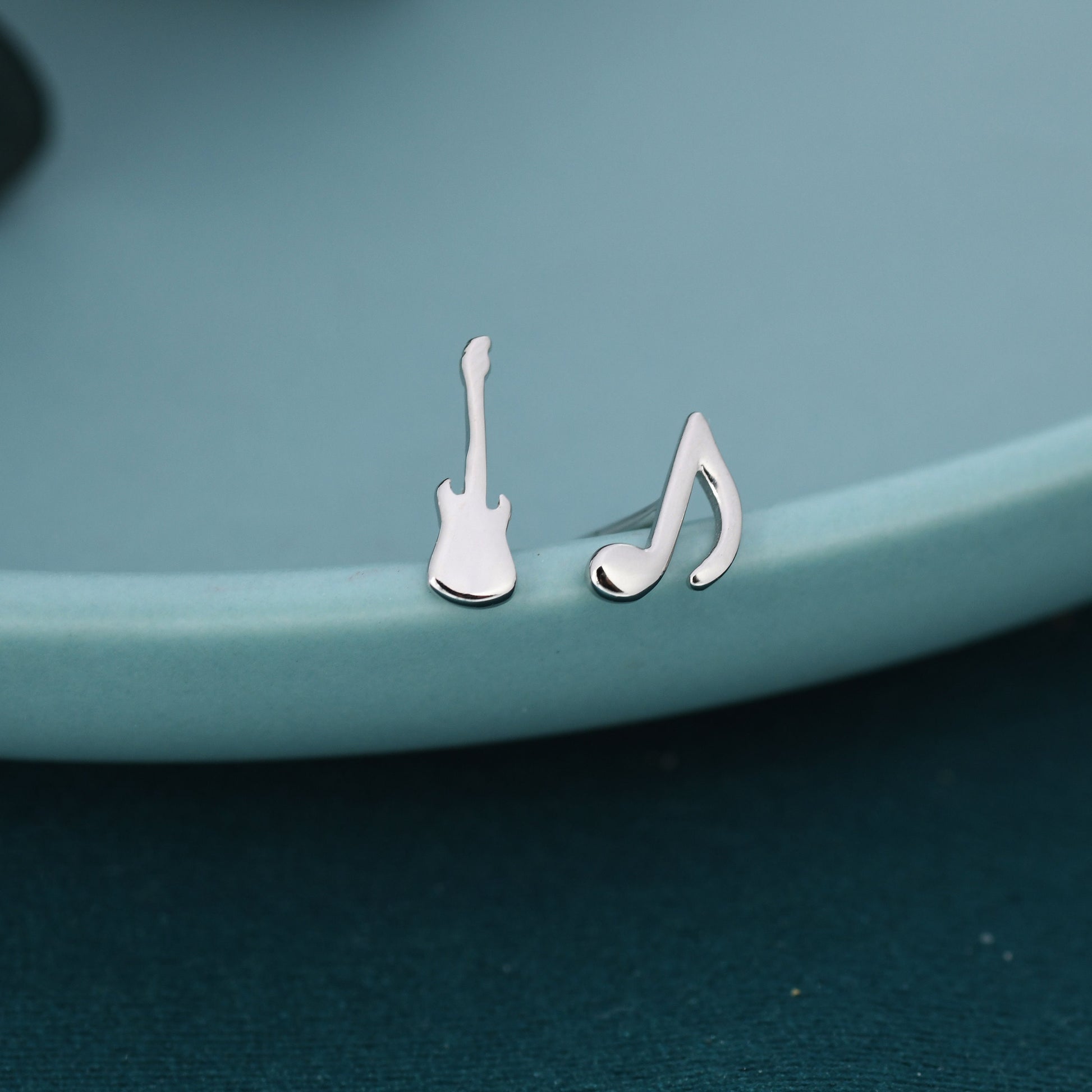 Mismatched Electric Guitar and Music Note Stud Earrings in Sterling Silver, Asymmetric Guitar and Music Earrings
