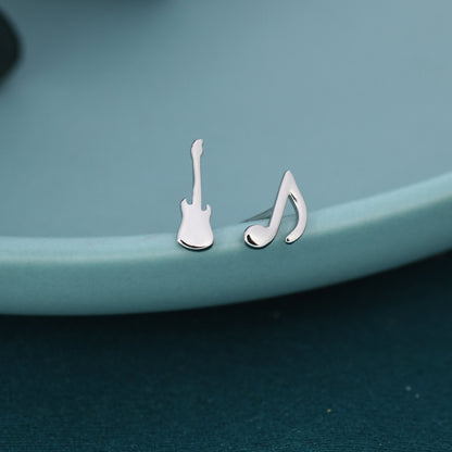 Mismatched Electric Guitar and Music Note Stud Earrings in Sterling Silver, Asymmetric Guitar and Music Earrings