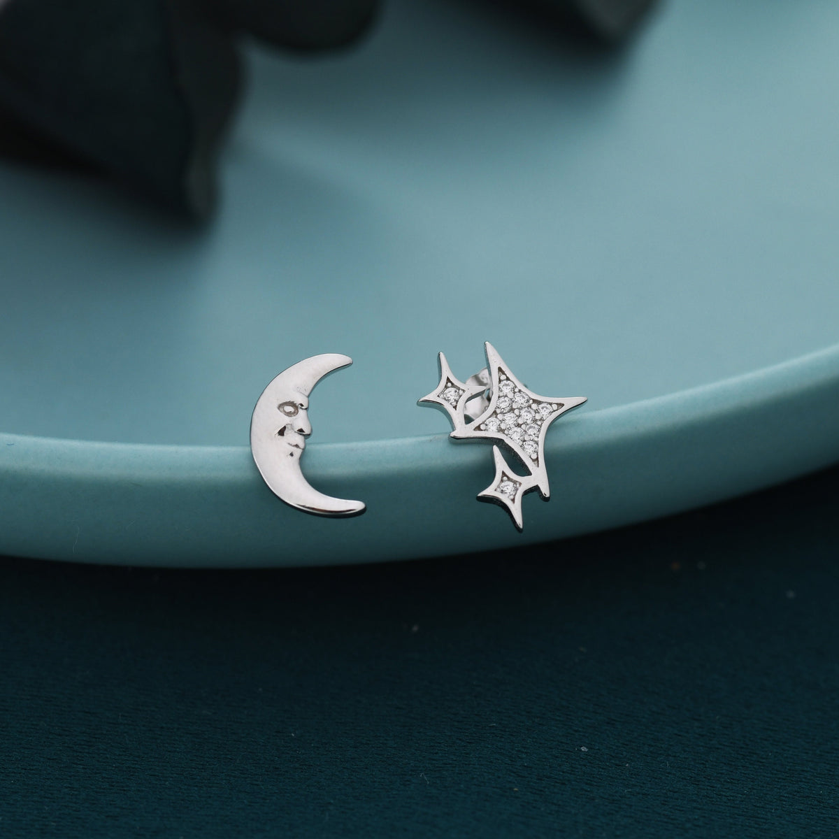 Mismatched Moon Face and Stars Stud Earrings in Sterling Silver, Asymmetric Moon and Star Fun Earrings