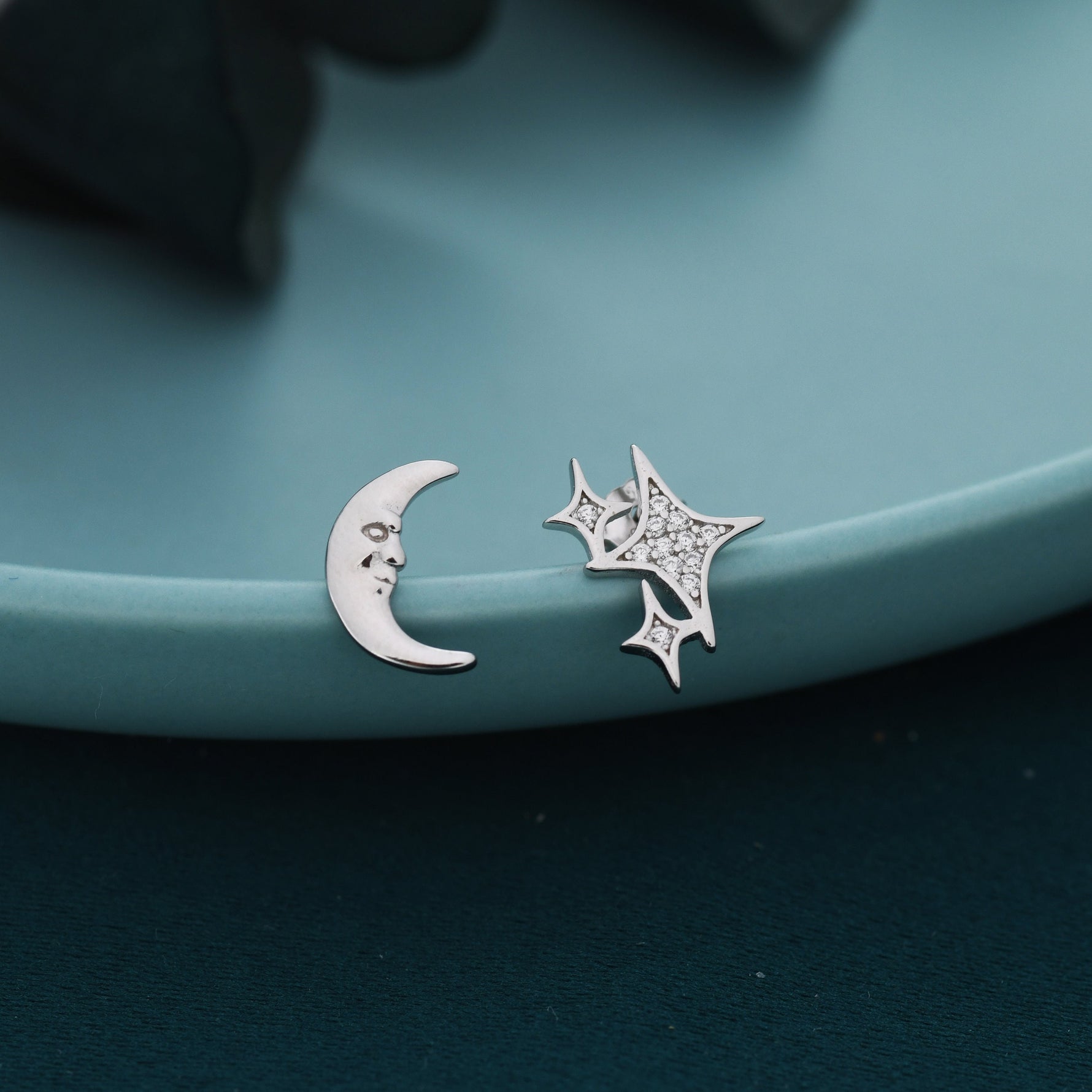 Mismatched Moon Face and Stars Stud Earrings in Sterling Silver, Asymmetric Moon and Star Fun Earrings