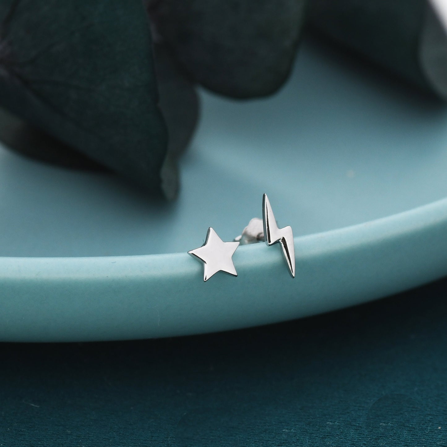 Mismatched Tiny Star and Lightning Bolt Stud Earrings in Sterling Silver, Asymmetric Extra Small Star and Lightning Bolt Fun Earrings