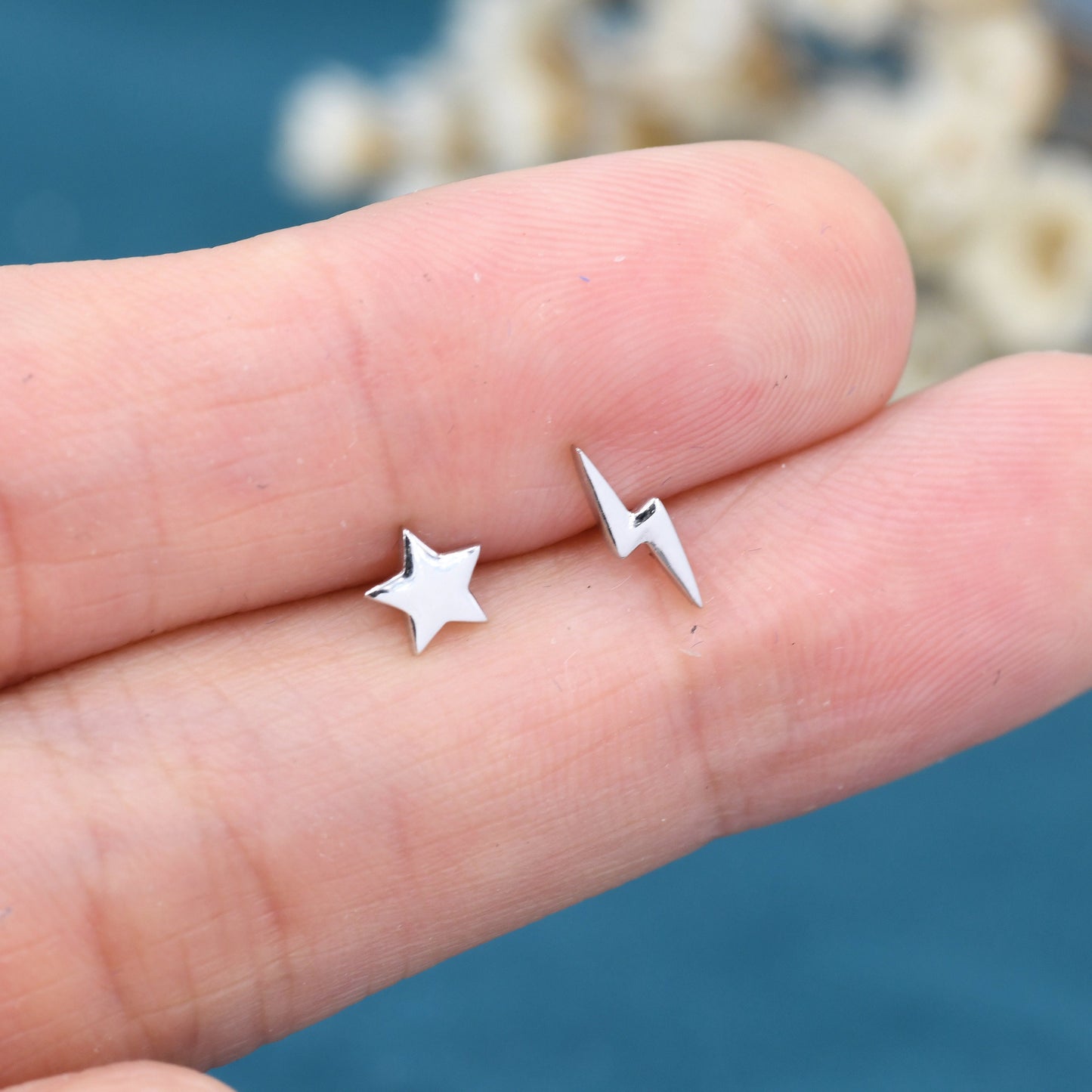 Mismatched Tiny Star and Lightning Bolt Stud Earrings in Sterling Silver, Asymmetric Extra Small Star and Lightning Bolt Fun Earrings