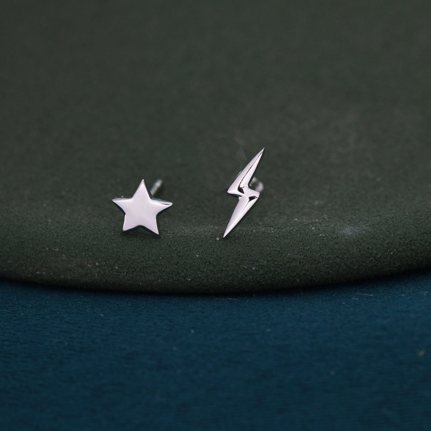 Mismatched Tiny Star and Lightning Bolt Stud Earrings in Sterling Silver, Asymmetric Extra Small Star and Lightning Bolt Fun Earrings