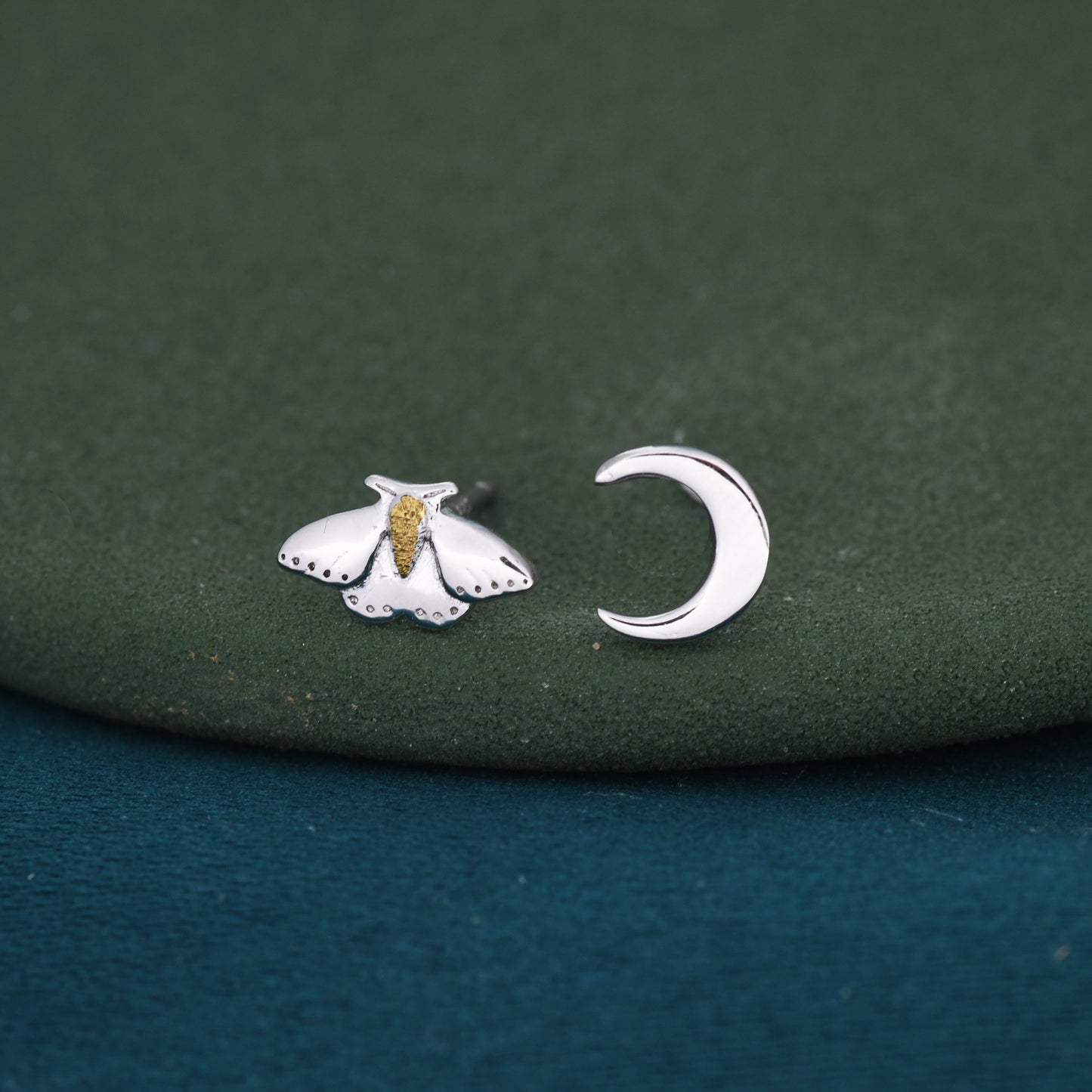 Mismatched Moth and Moon Stud Earrings in Sterling Silver, Asymmetric Moth and Crescent Moon Earrings